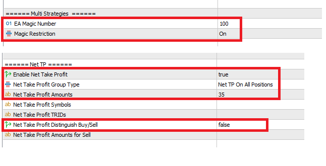 This picture shows Trading Router MT4/5 EA settings for net tp. It has magic number, tp is for all positions