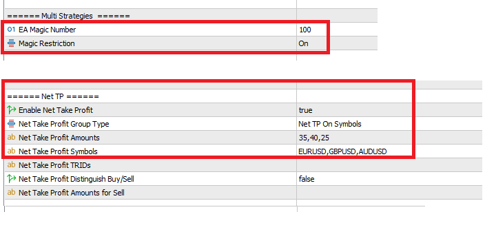 This picture shows Trading Router MT4/5 EA settings for net tp. It has magic number, tp is for symbols groups.