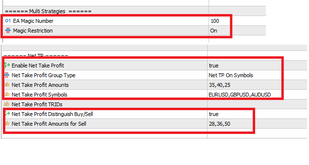 This picture shows Trading Router MT4/5 EA settings for net tp. It has magic number, tp is for symbols groups. It distinguish buy/sell