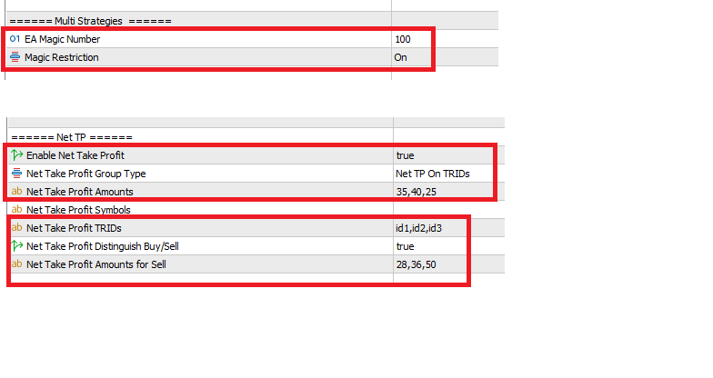 This picture shows Trading Router MT4/5 EA settings for net tp. It has magic number, tp is for trids groups. It distinguish buy/sell