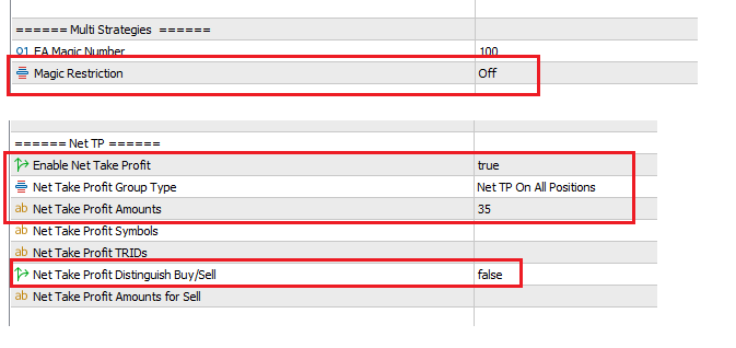 This picture shows Trading Router MT4/5 EA settings for net tp. It has no magic number, tp is for all positions